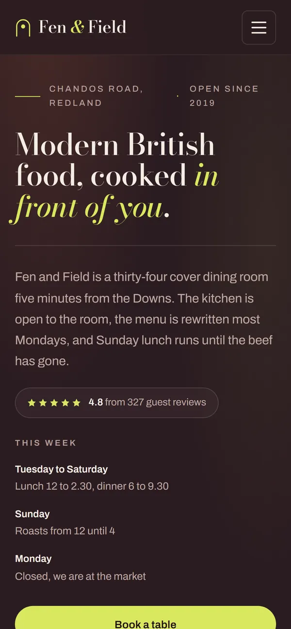 Opening times on the Fen & Field restaurant demo site, with the Tuesday to Saturday hours highlighted