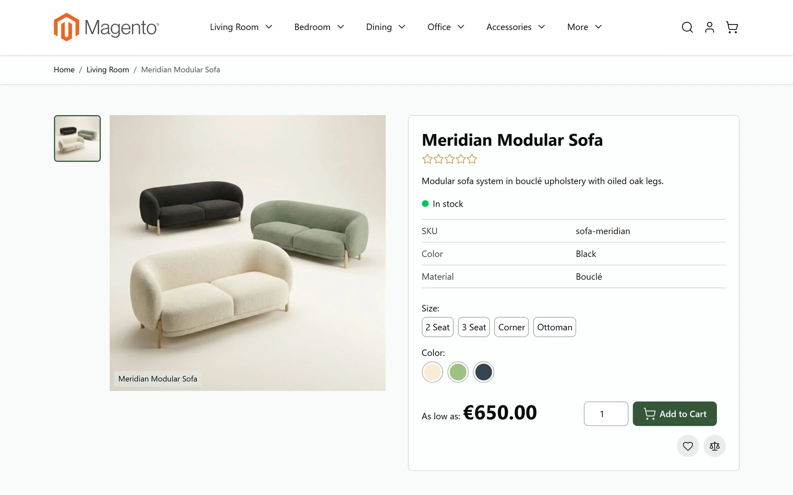 Product page of the Hyv&auml; default demo store in a browser window