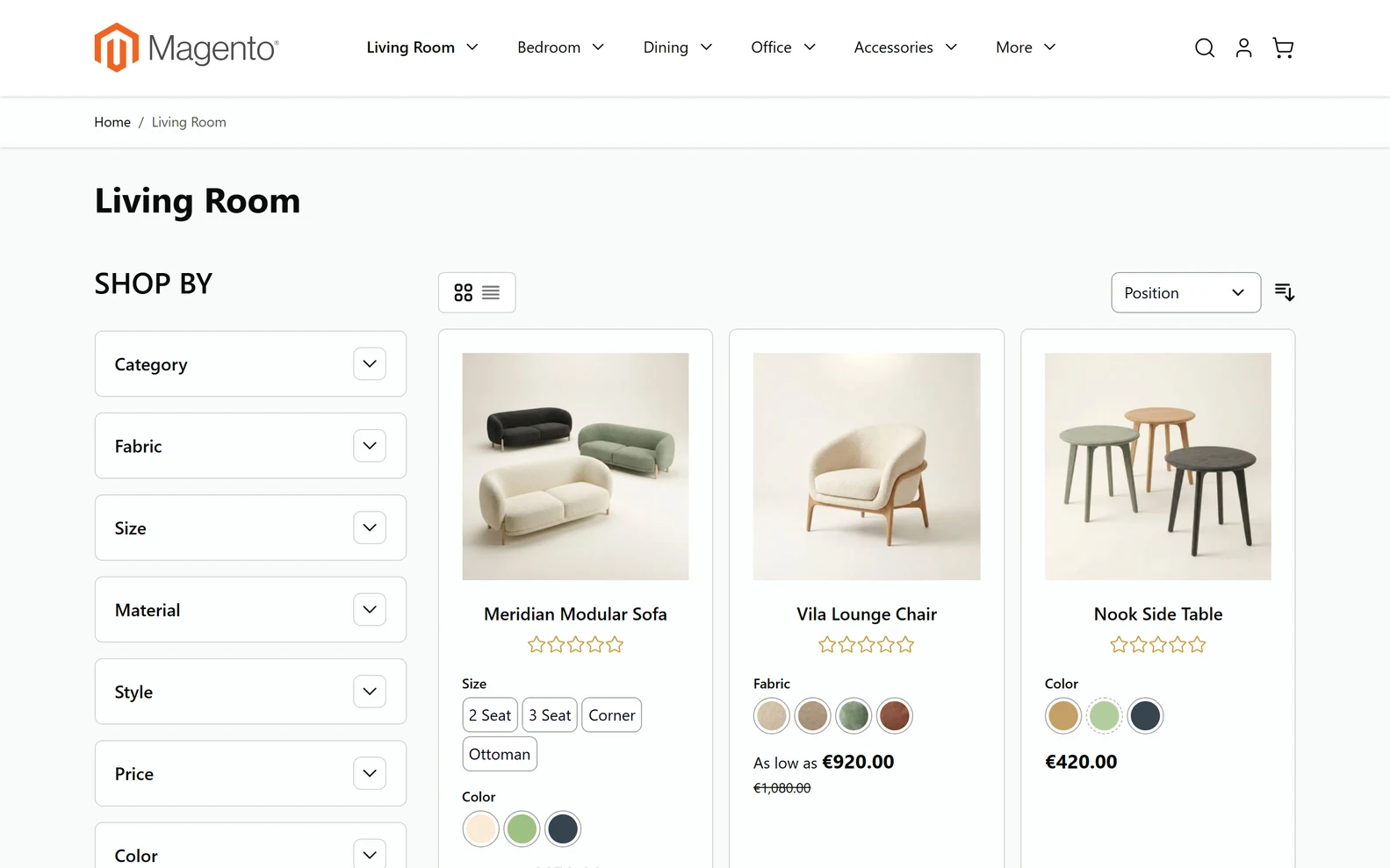 Category page of the Hyv&auml; default demo store on a laptop