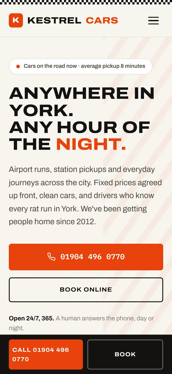 Kestrel Cars taxi firm demo site on a phone