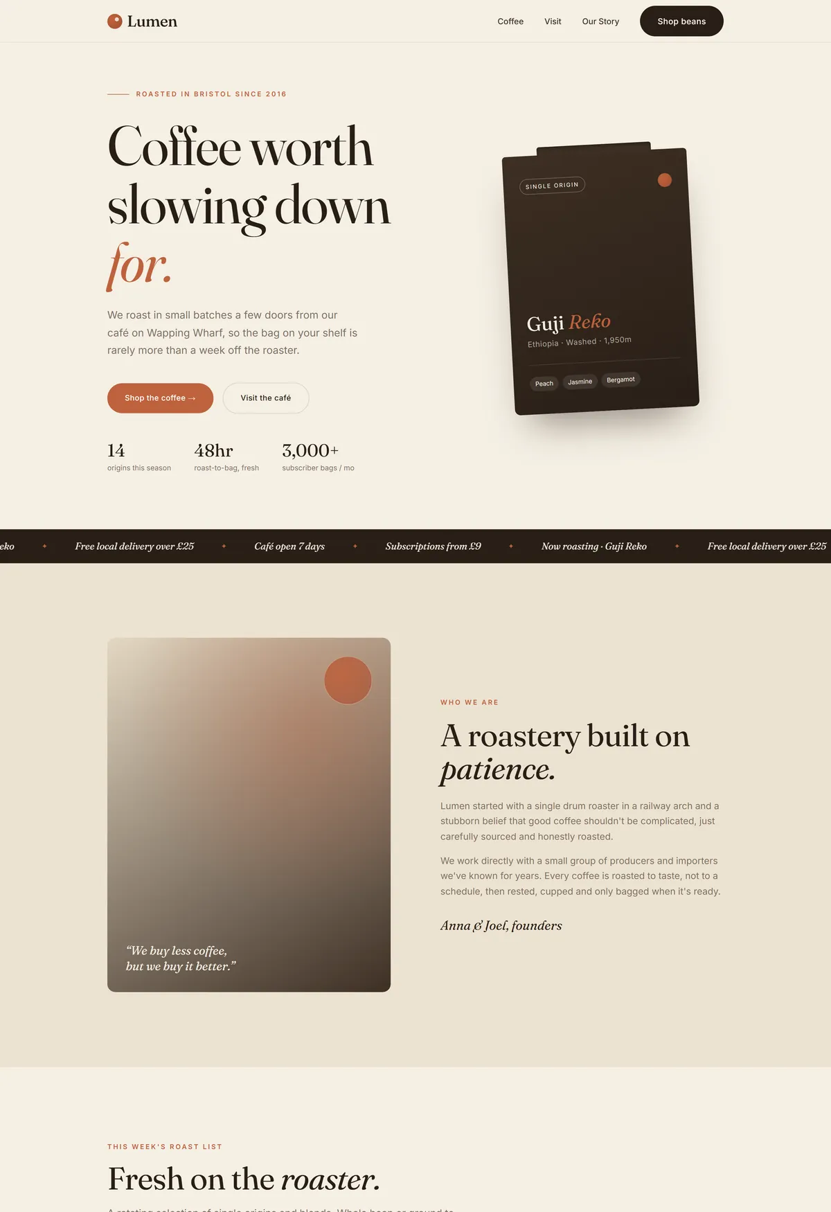 Lumen coffee roaster demo homepage