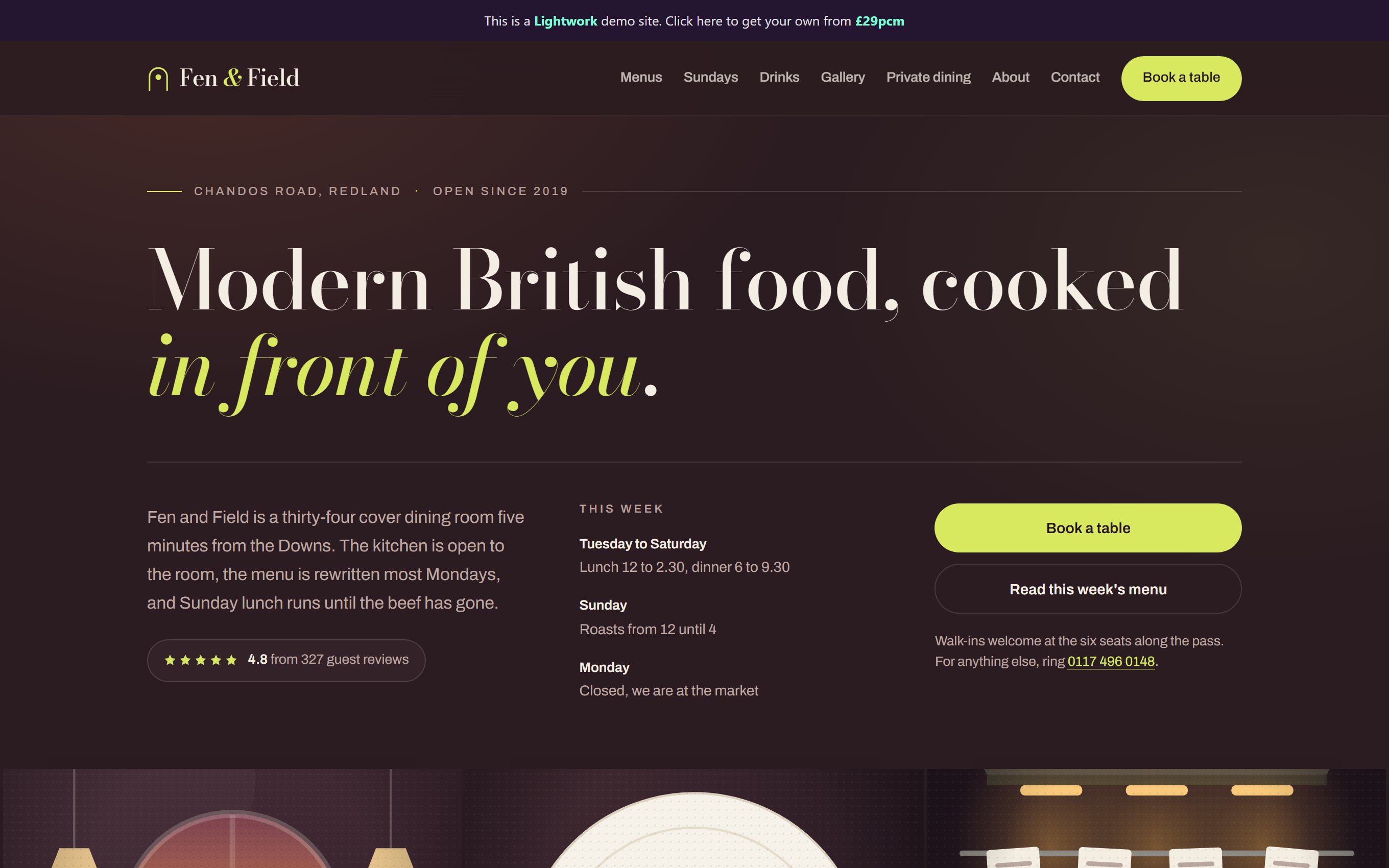 Fen & Field restaurant website homepage
