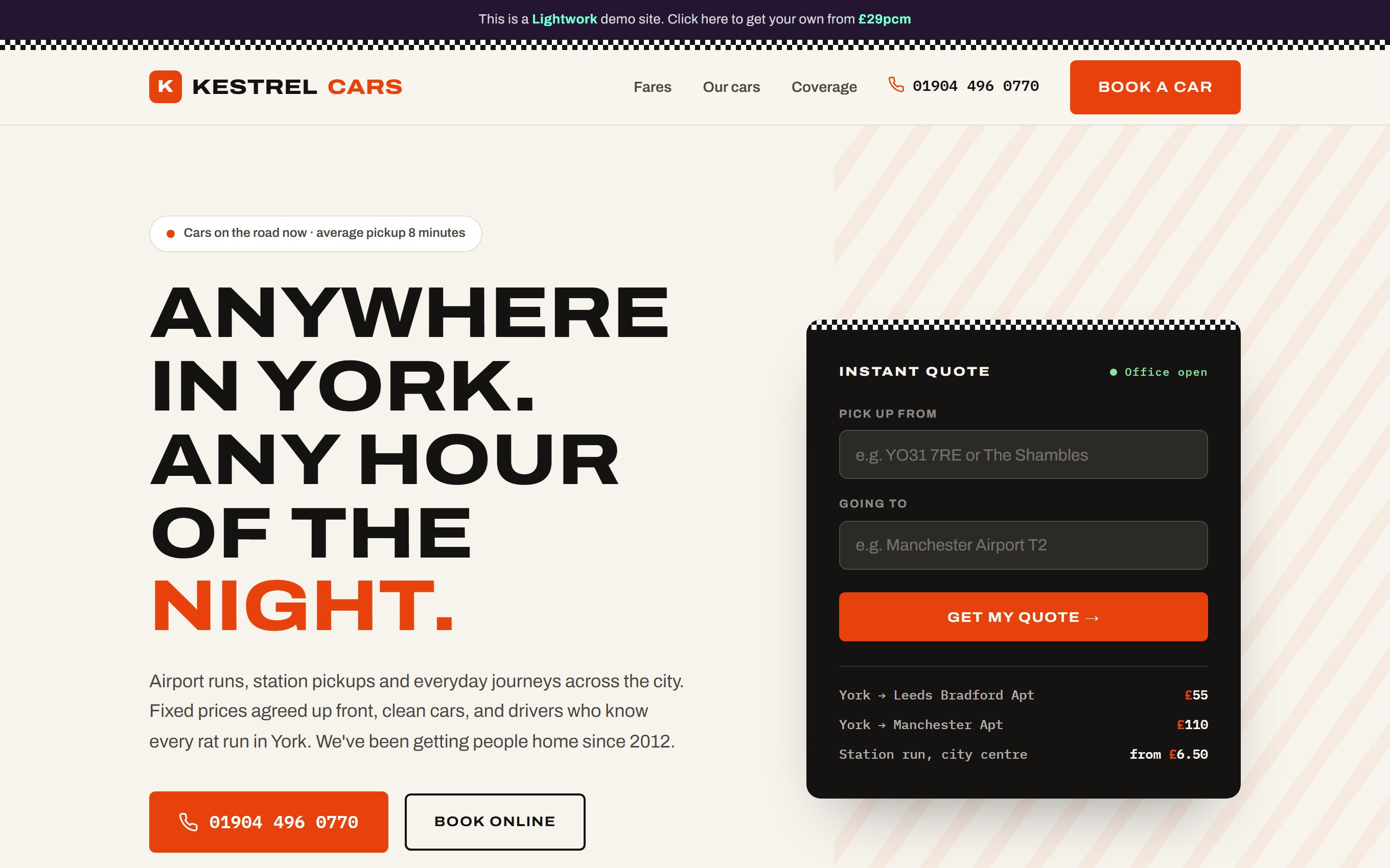 Kestrel Cars taxi website homepage