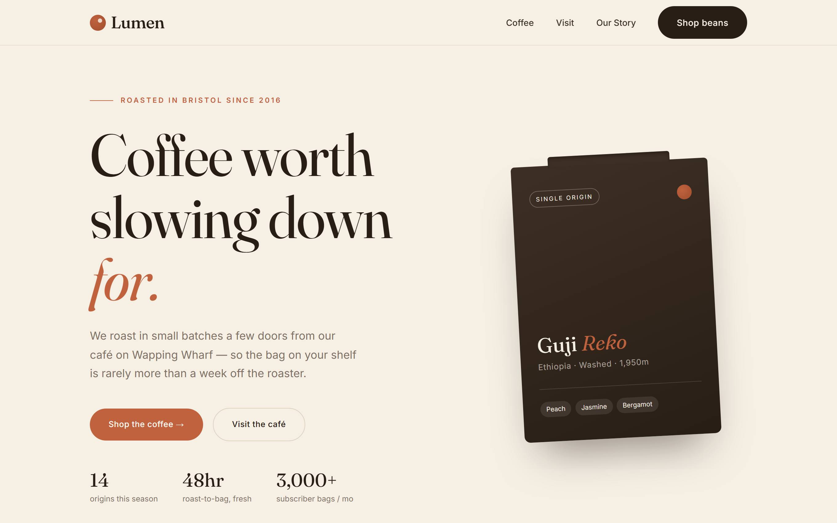 Lumen coffee roaster website homepage