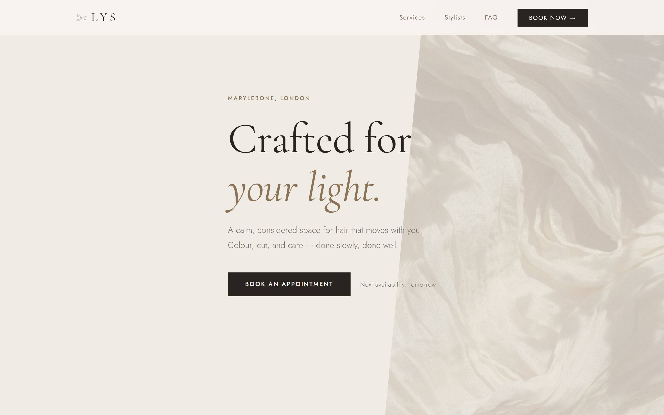 Lys hair studio website homepage
