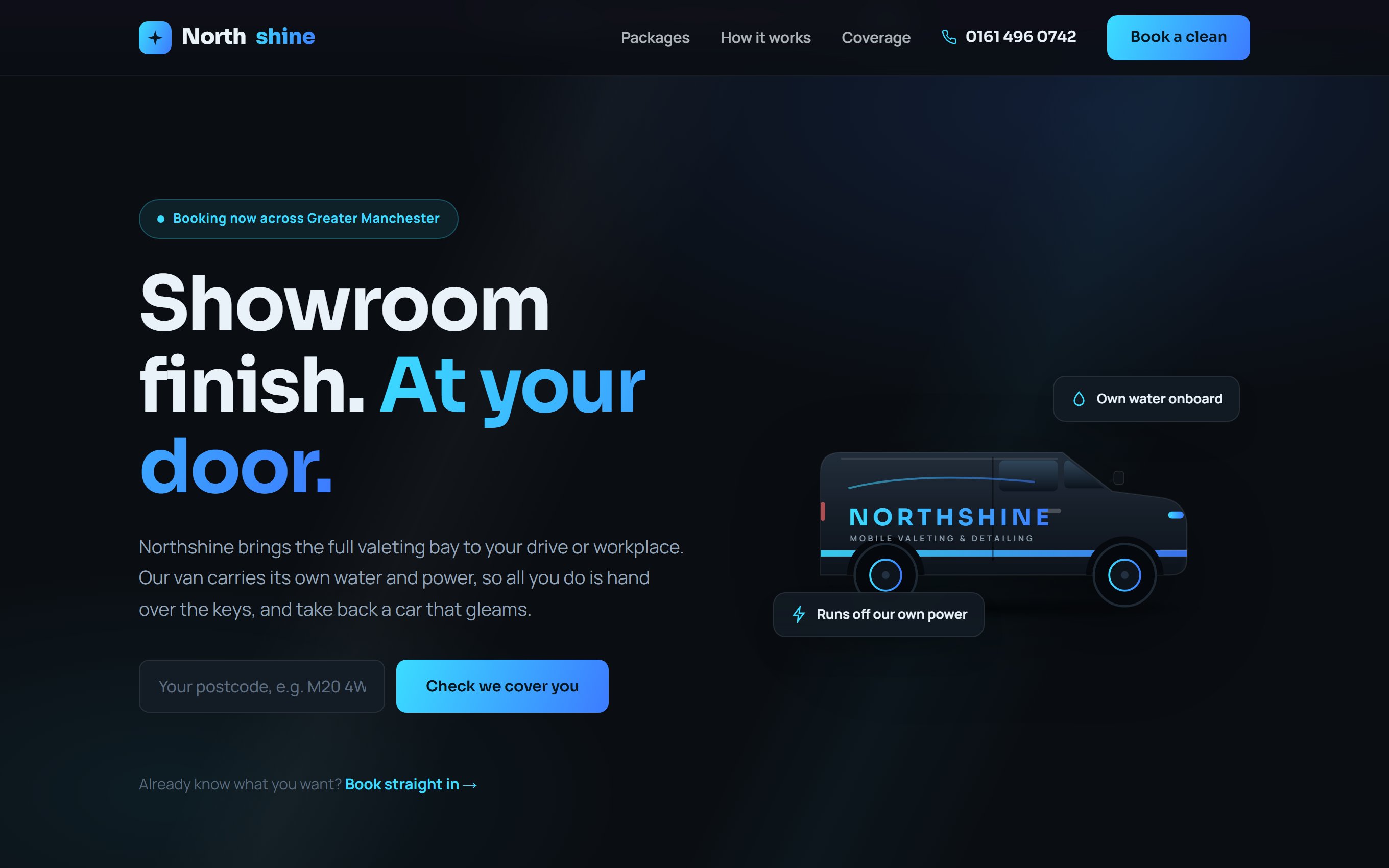 Northshine mobile valeting website homepage